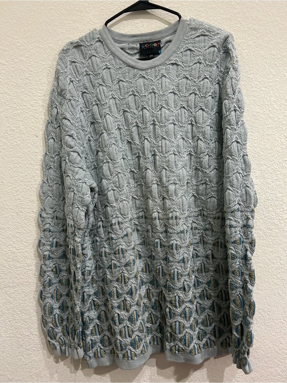 COOGI 3D textured knit Light Blue Textured Crewneck Sweater 2X